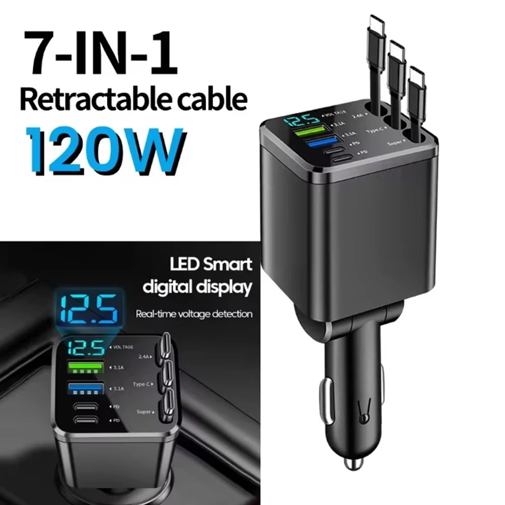 7 In 1 Retractable Car Charger Fast Charging with Roof Starlight For Huawei Samsung Fast Charging Cord Cigarette Lighter Adapter