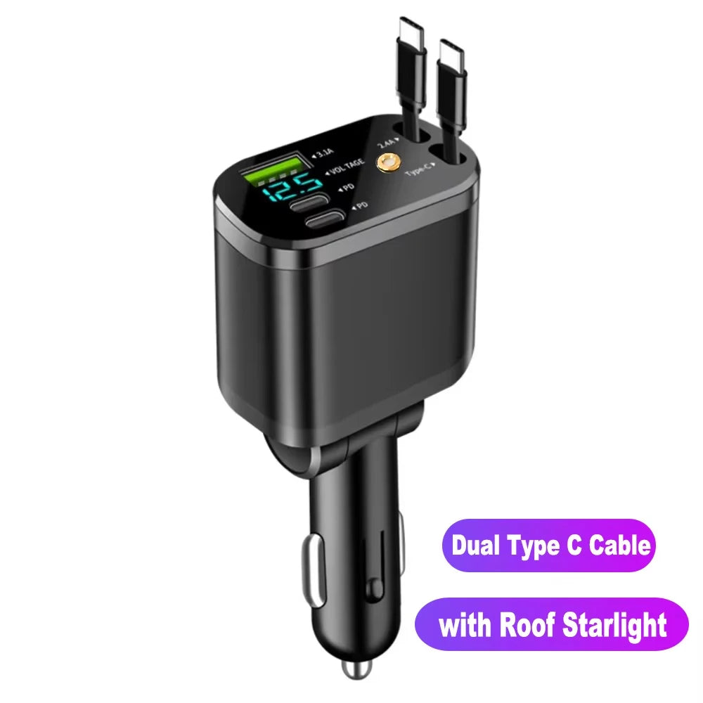 7 In 1 Retractable Car Charger Fast Charging with Roof Starlight For Huawei Samsung Fast Charging Cord Cigarette Lighter Adapter