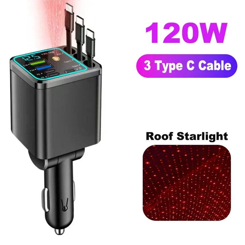 7 In 1 Retractable Car Charger Fast Charging with Roof Starlight For Huawei Samsung Fast Charging Cord Cigarette Lighter Adapter