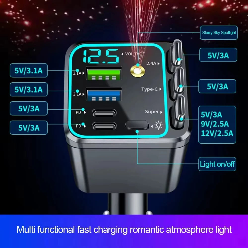 7 In 1 Retractable Car Charger Fast Charging with Roof Starlight For Huawei Samsung Fast Charging Cord Cigarette Lighter Adapter