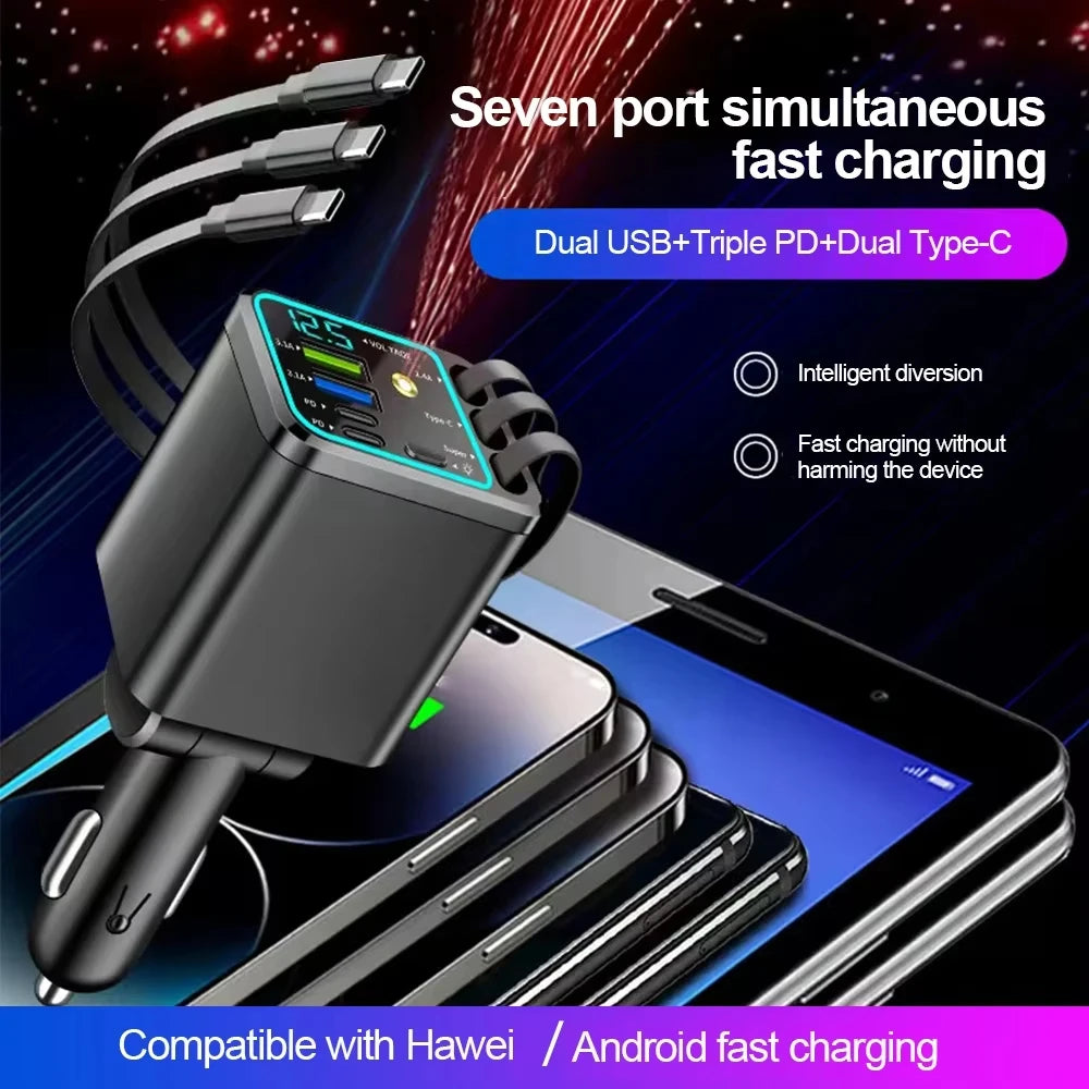 7 In 1 Retractable Car Charger Fast Charging with Roof Starlight For Huawei Samsung Fast Charging Cord Cigarette Lighter Adapter