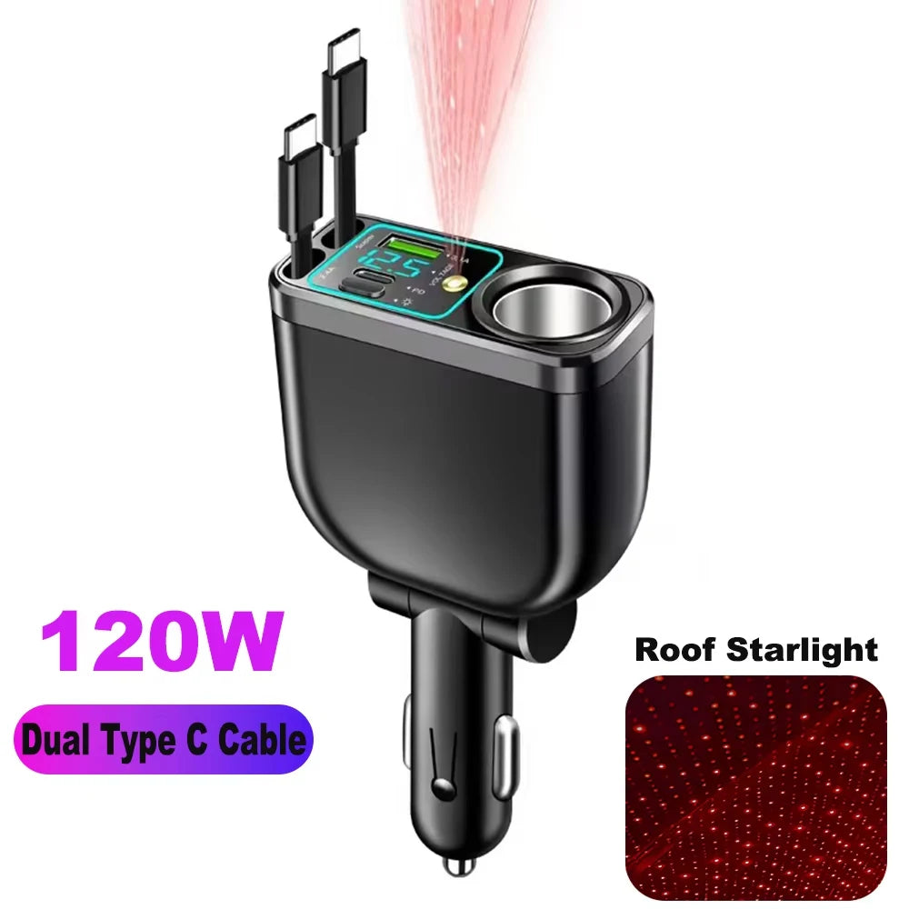 7 In 1 Retractable Car Charger Fast Charging with Roof Starlight For Huawei Samsung Fast Charging Cord Cigarette Lighter Adapter