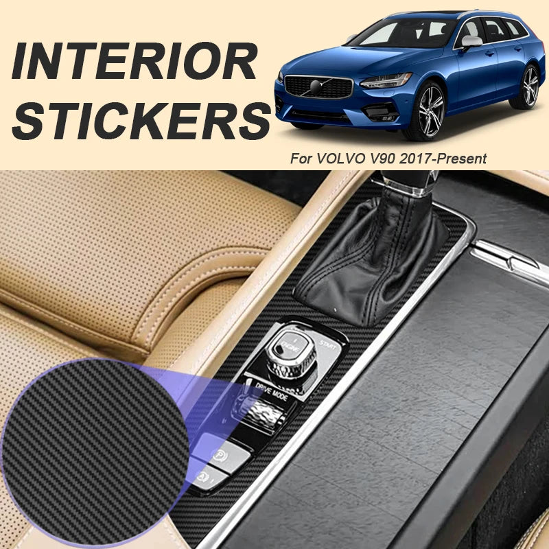 Car Carbon Black Interior Sticker For VOLVO V90 2017-Present LHD Gear Box Panel Decal Gear Decoration Frame Protective Film