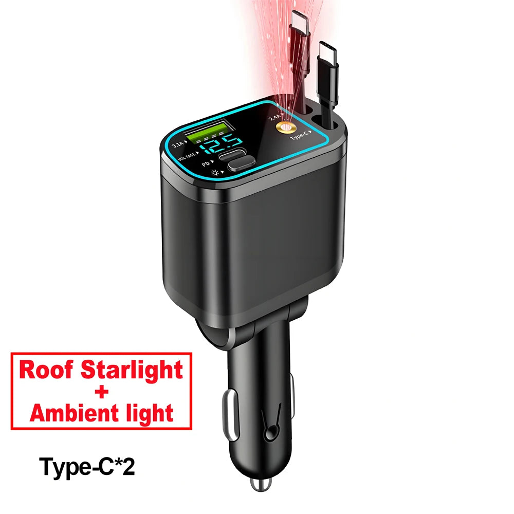 7 In 1 Retractable Car Charger Fast Charging with Roof Starlight For Huawei Samsung Fast Charging Cord Cigarette Lighter Adapter