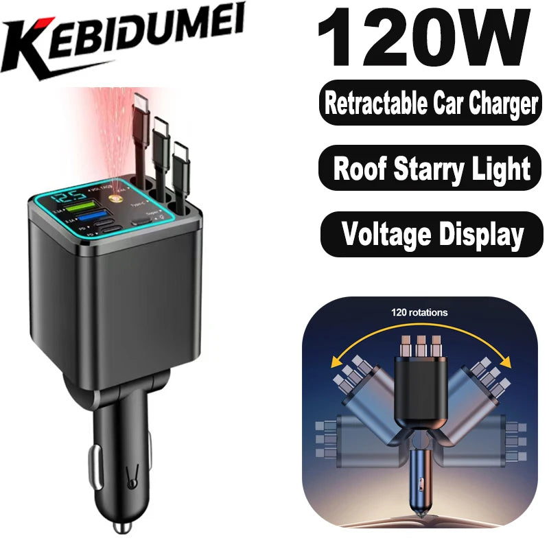 7 In 1 Retractable Car Charger Fast Charging with Roof Starlight For Huawei Samsung Fast Charging Cord Cigarette Lighter Adapter