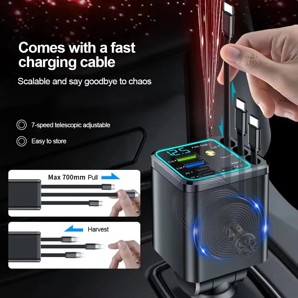 7 In 1 Retractable Car Charger Fast Charging with Roof Starlight For Huawei Samsung Fast Charging Cord Cigarette Lighter Adapter