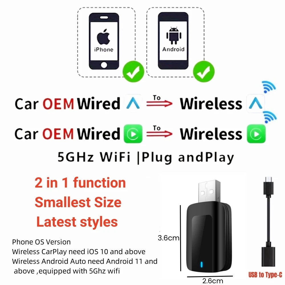 New Mini Wireless Carplay Adapter Android Auto 2 in 1 Plug and Play For Volvo XC40 XC60 XC90 S60 S90 V40 V60 V90